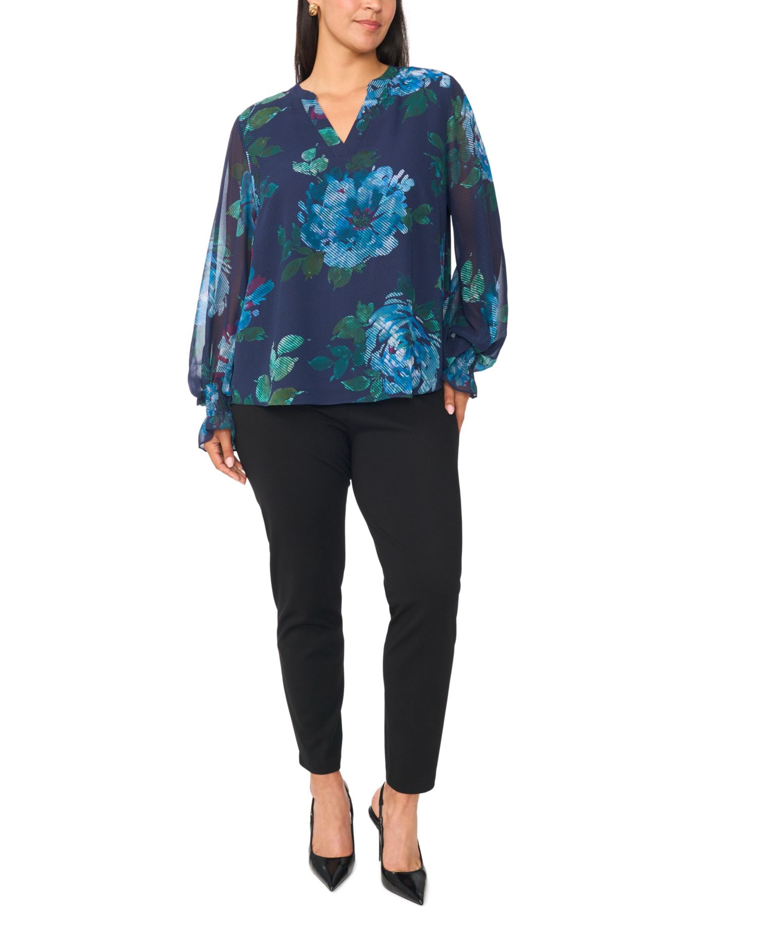 Plus Size Split-Neck Floral-Print Long-Sleeve Blouse