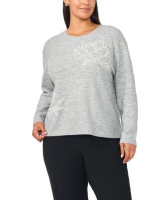 Plus Size Long-Sleeve Crewneck Floral-Chenille Embroidery Sweater