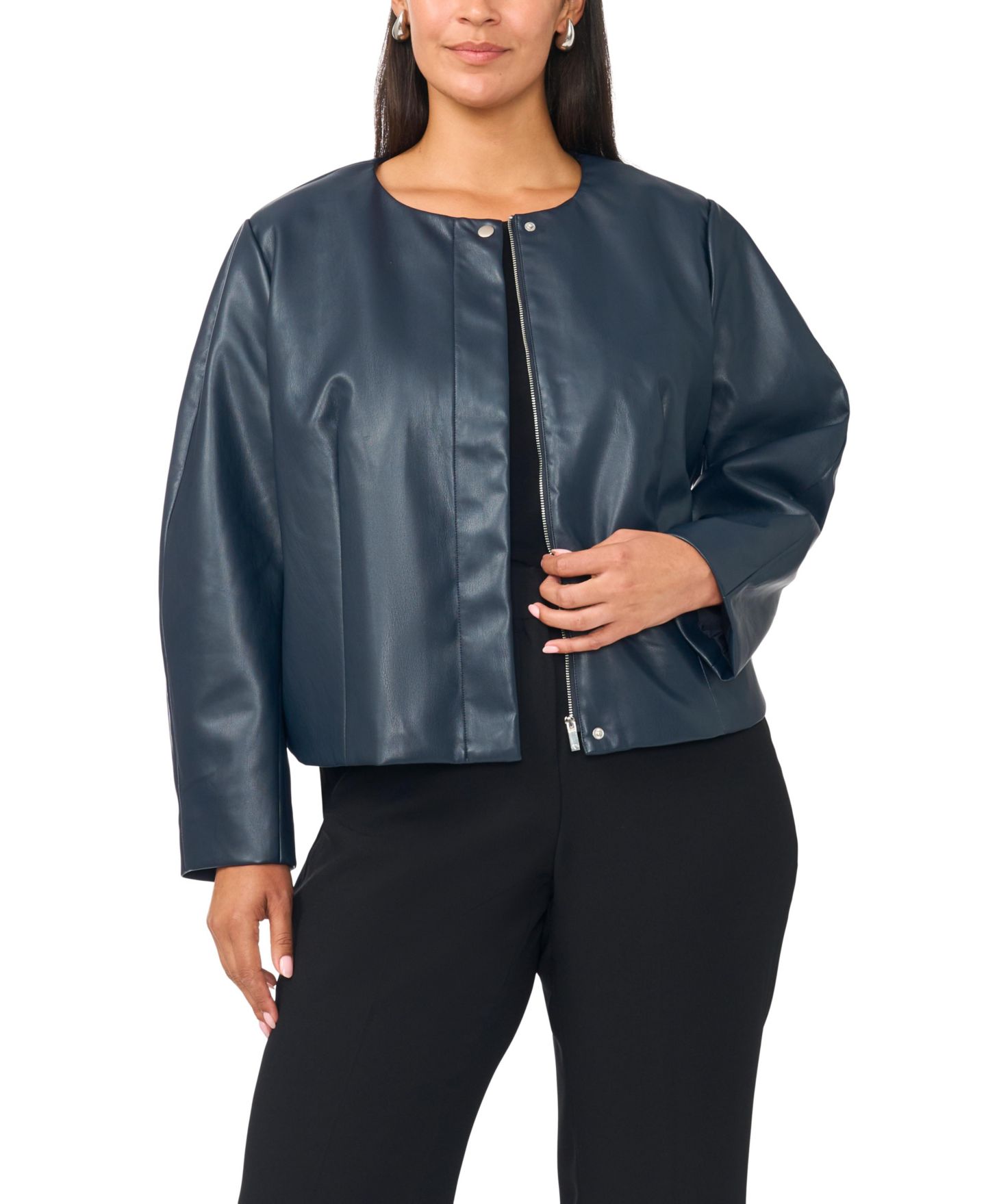 Женская куртка Vince Camuto Plus Size Balloon Sleeve Faux Leather Crewneck, цвет: Насыщенный тёмно-синий — фото 3