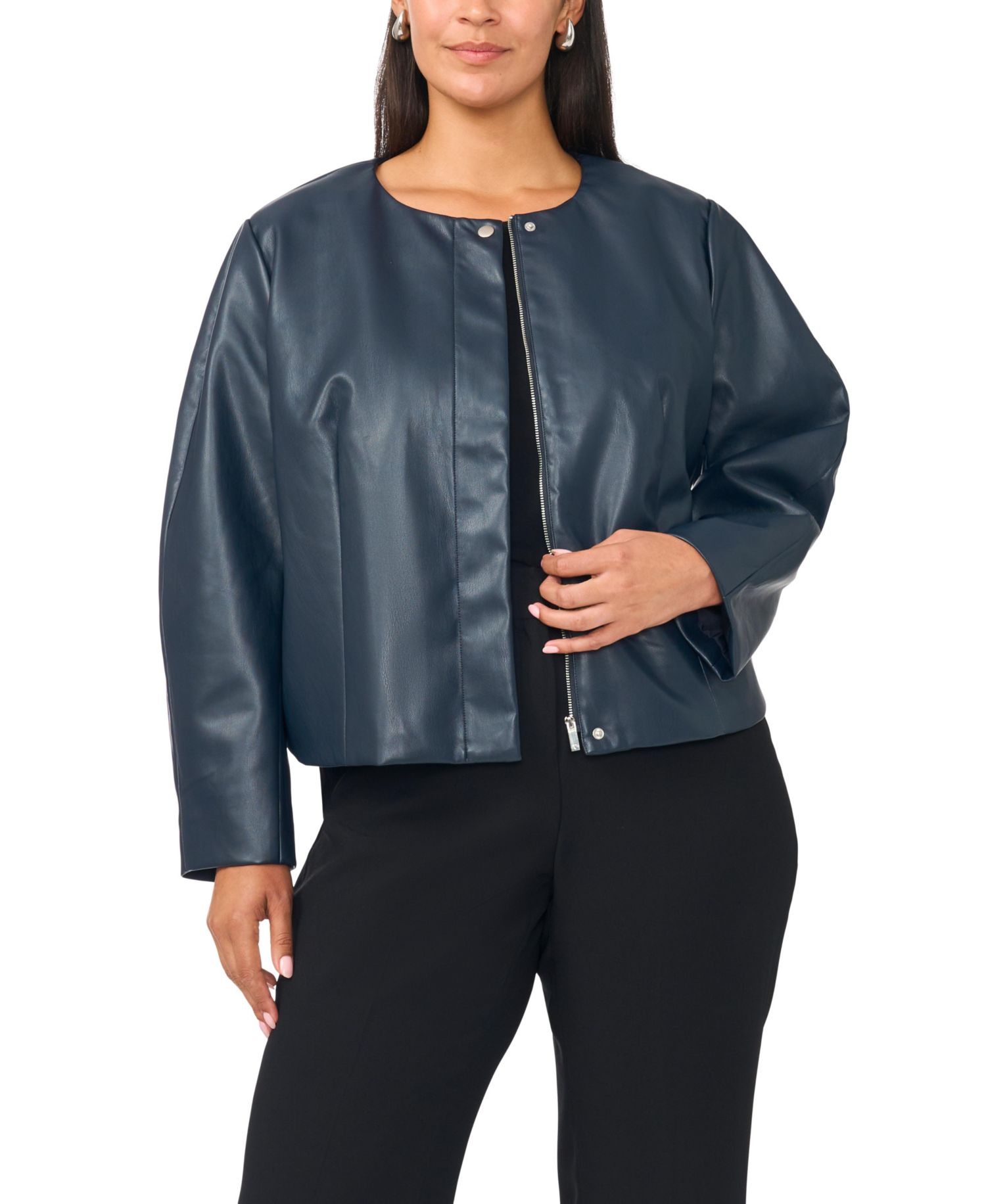 Plus Size Balloon Sleeve Faux Leather Crewneck Jacket