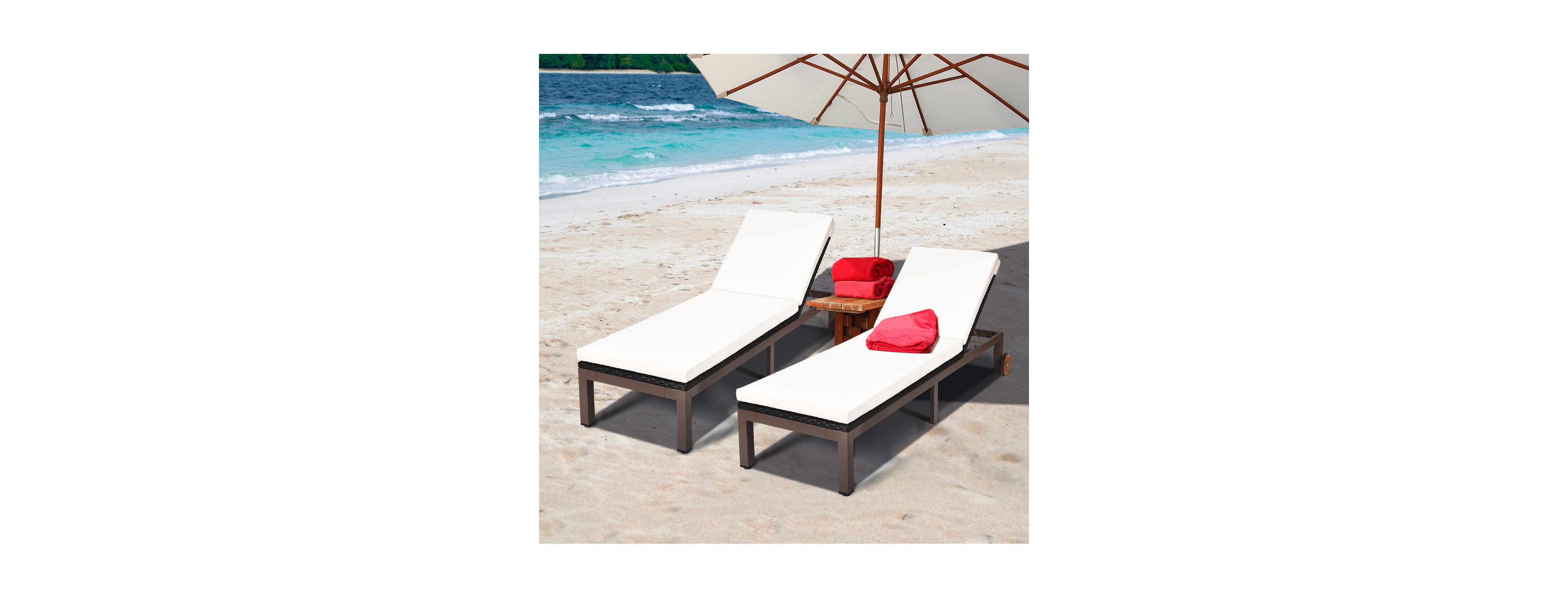 Costway 2 Piece Patio Rattan Lounge Chair Chaise Recliner Back Adjustable with Wheels Cushioned