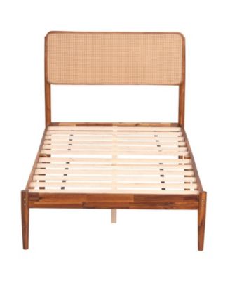 Twin Size Boho Bed Frame with Woven Rattan Headboard and 12 Plywood Slats