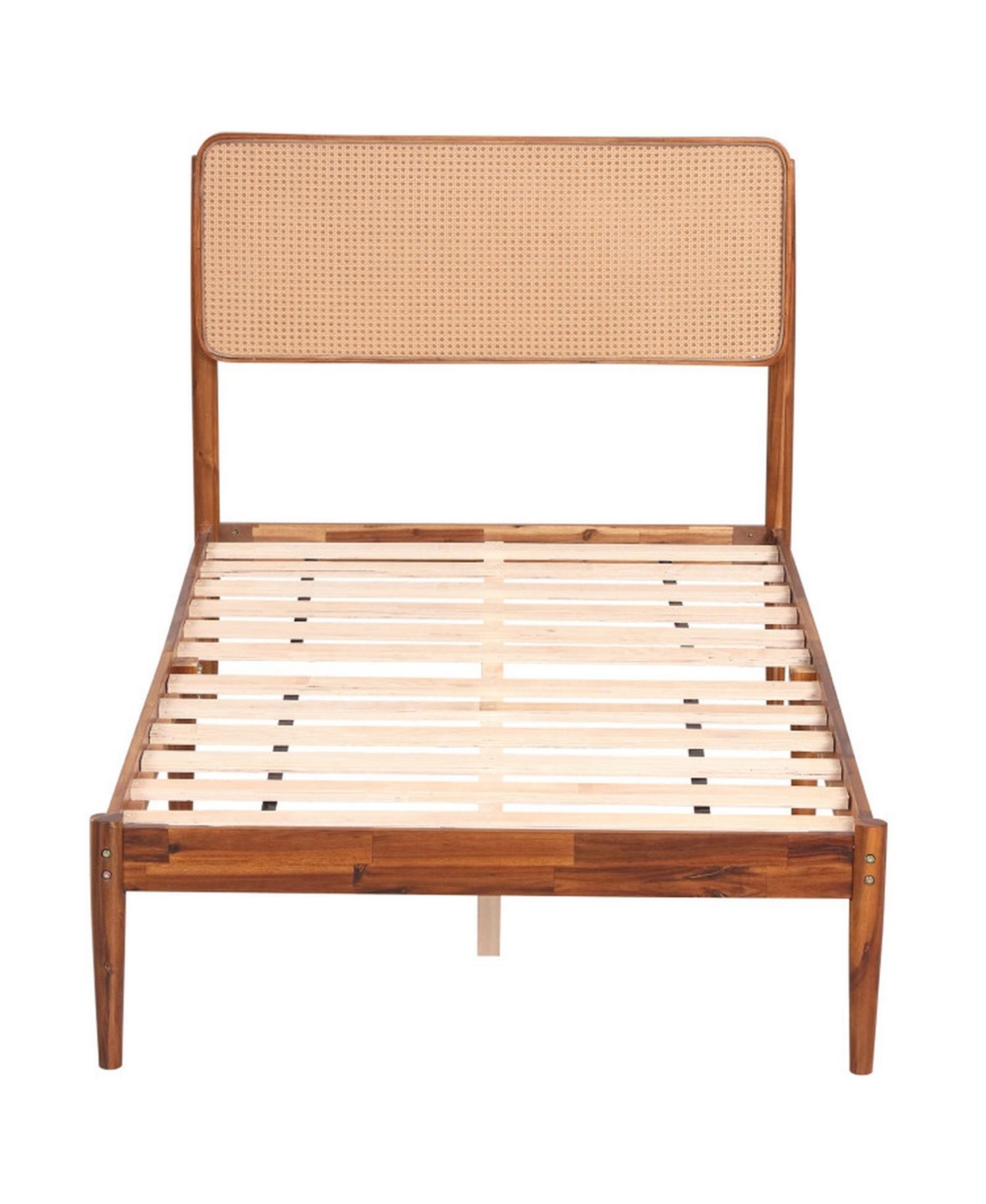 Gouun Twin Size Boho Bed Frame with Woven Rattan Headboard and 12 Plywood Slats - Brown