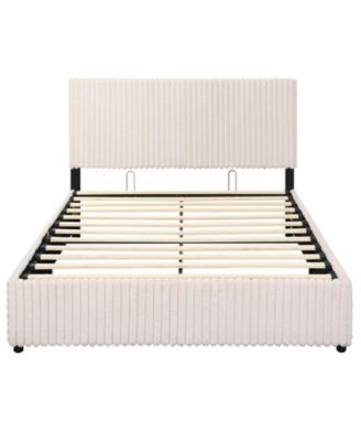 Queen Size Lift-Up Storage Bed with Corduroy Headboard and 12 LVL Slats