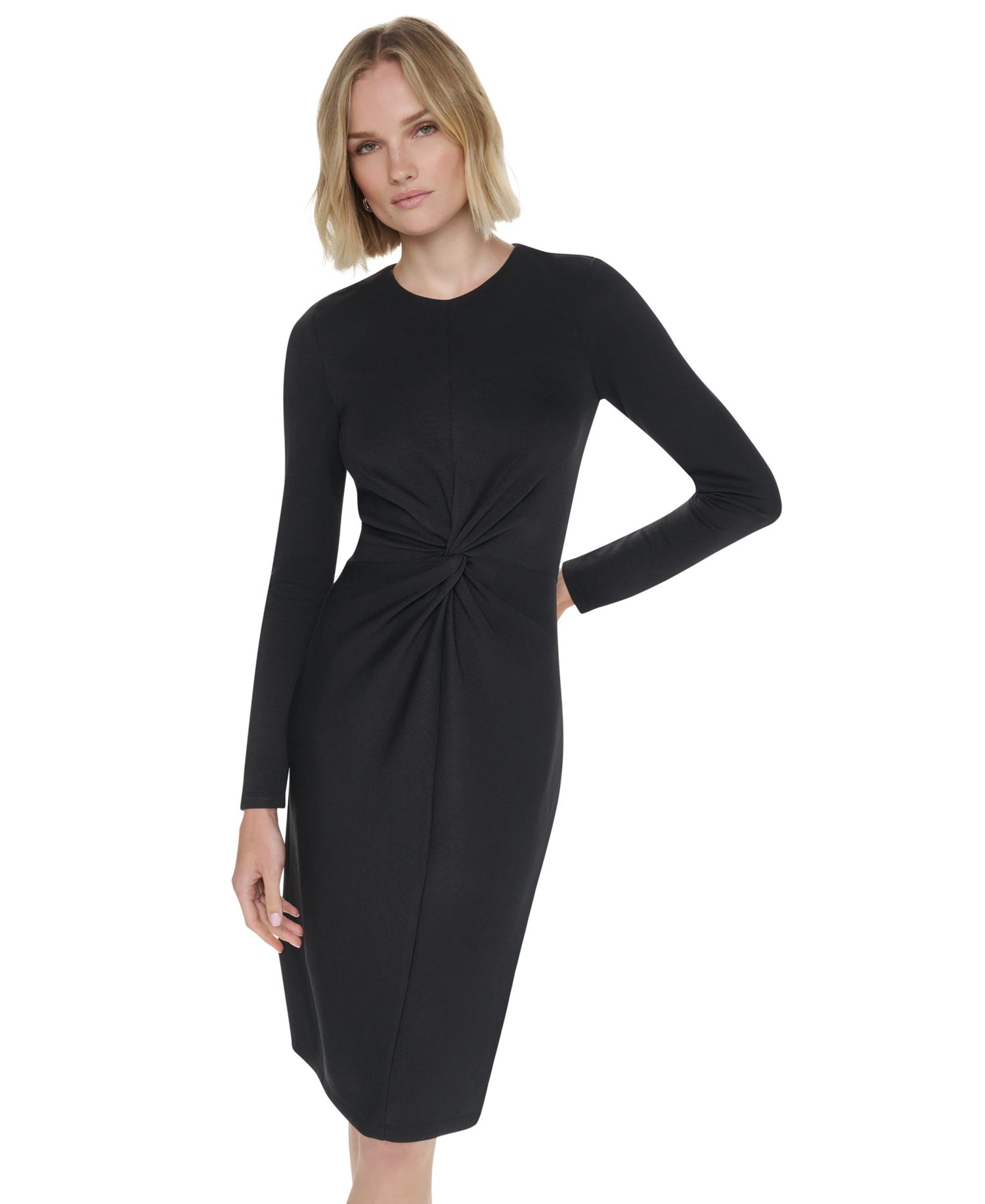 Women's Long-Sleeve Knot Front Midi Dress