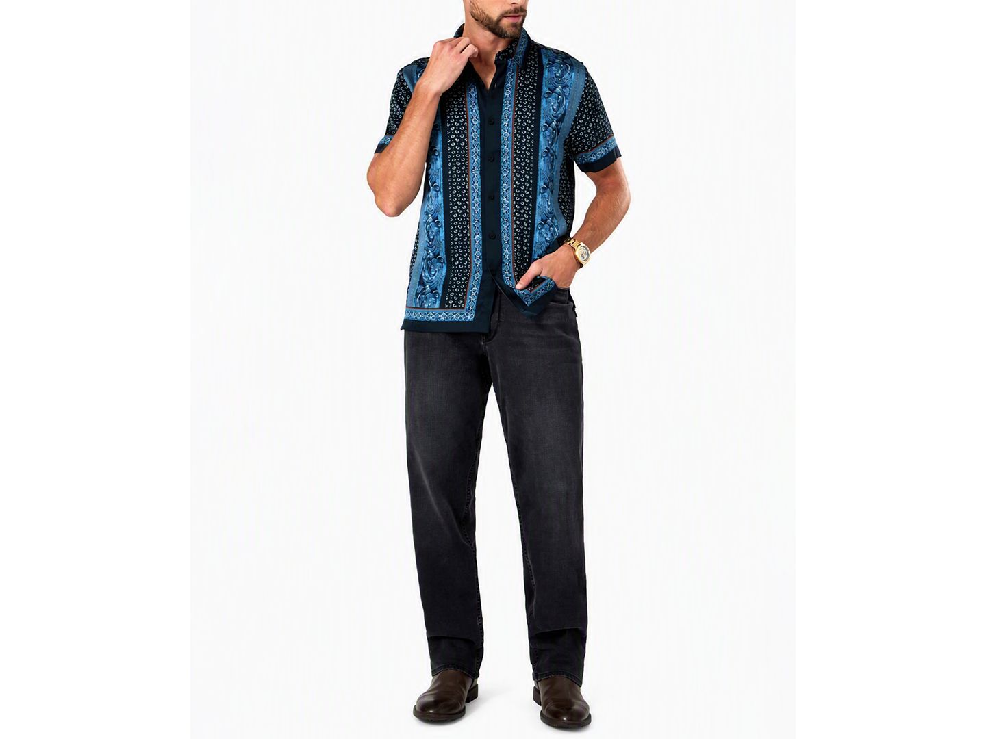 Мужская рубашка GUESS Hugh Paisley Charm Short-Sleeve Classic-Fit, цвет: С принтом тёмно-синий — фото 2