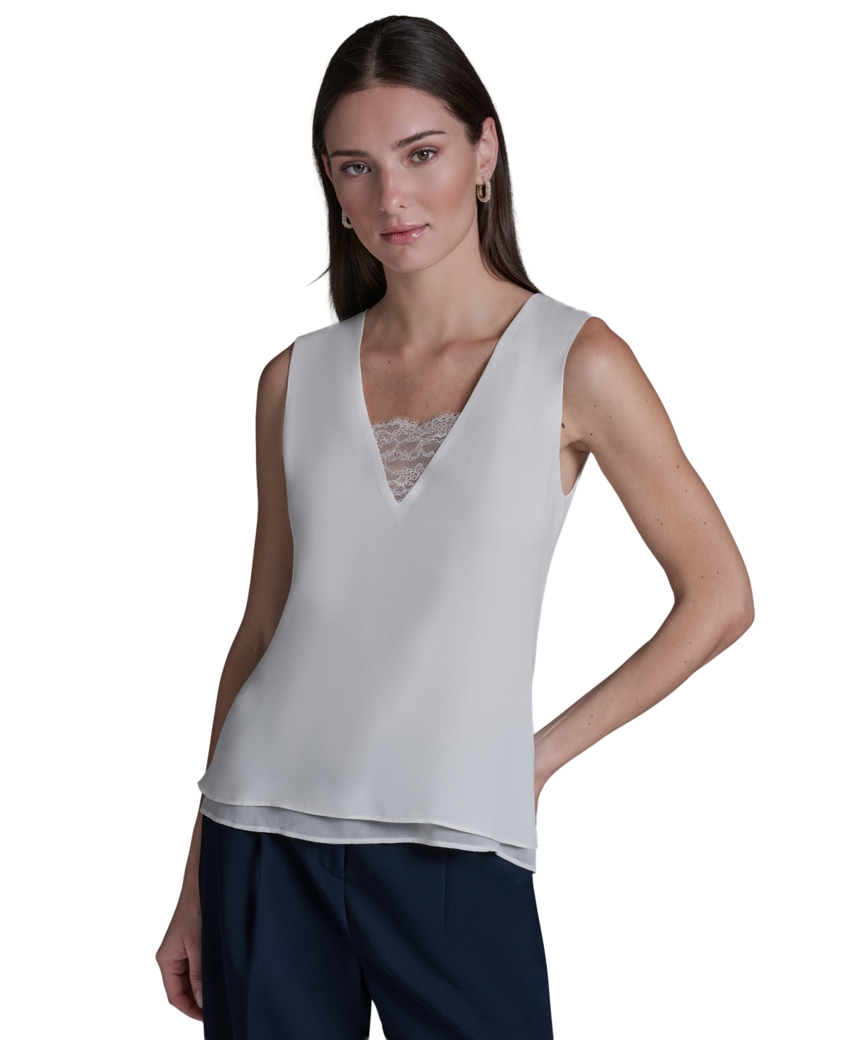Bcbg Women's V-Neck Lace Detail Pull-On Top