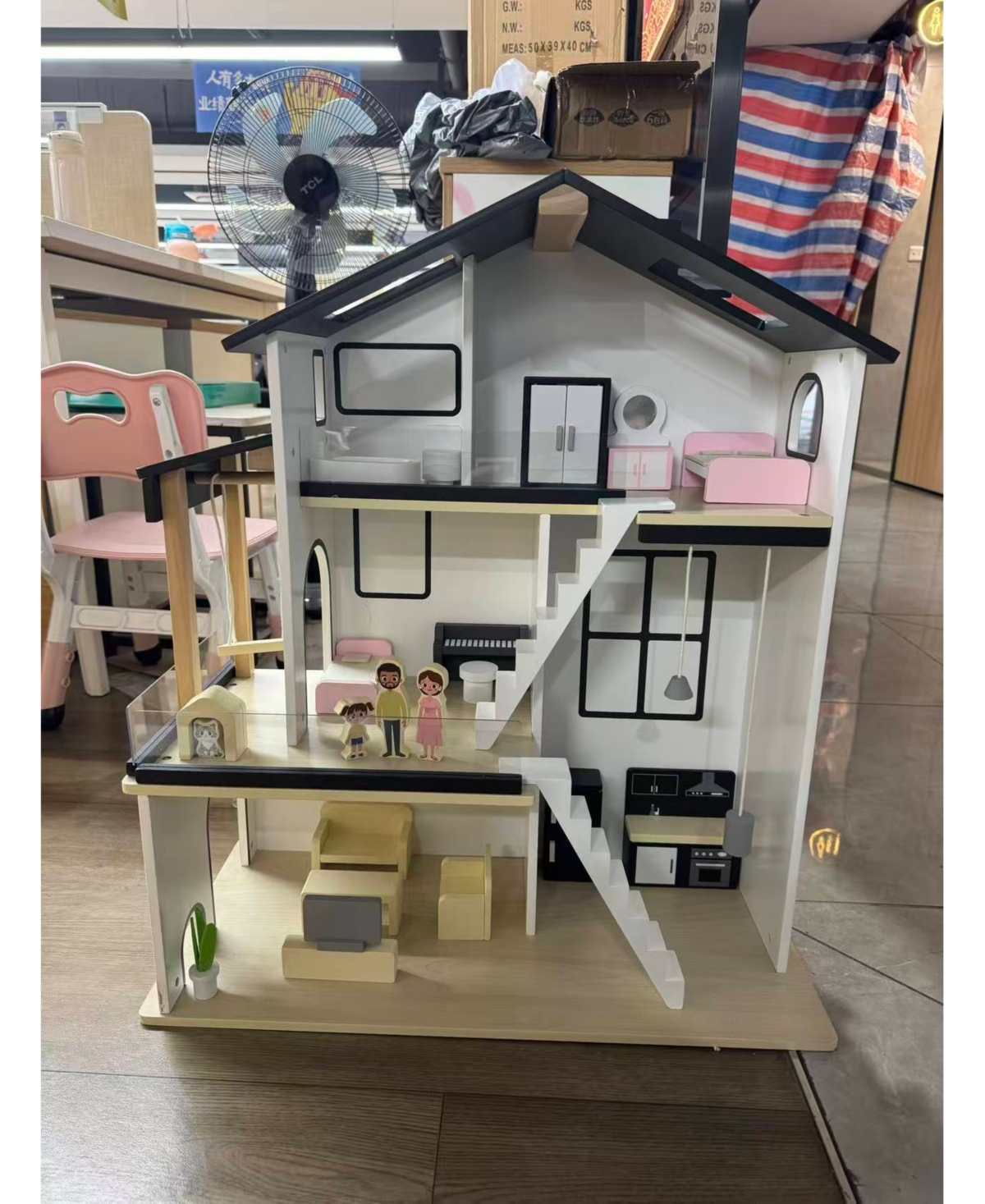 Kinder King Wooden 3-Story Interactive Dollhouse with 26 Accessories, Ages 3+