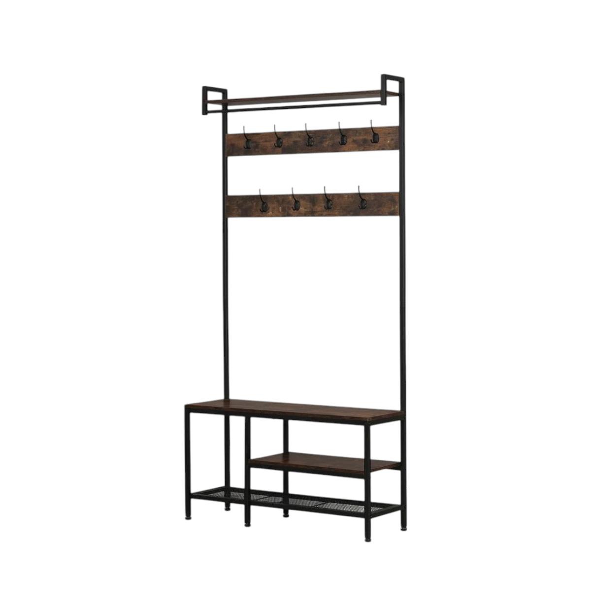 Slickblue 5-in-1 Entryway Storage Bench with Coat Rack and Hanging Rod - Rustic Brown, Black