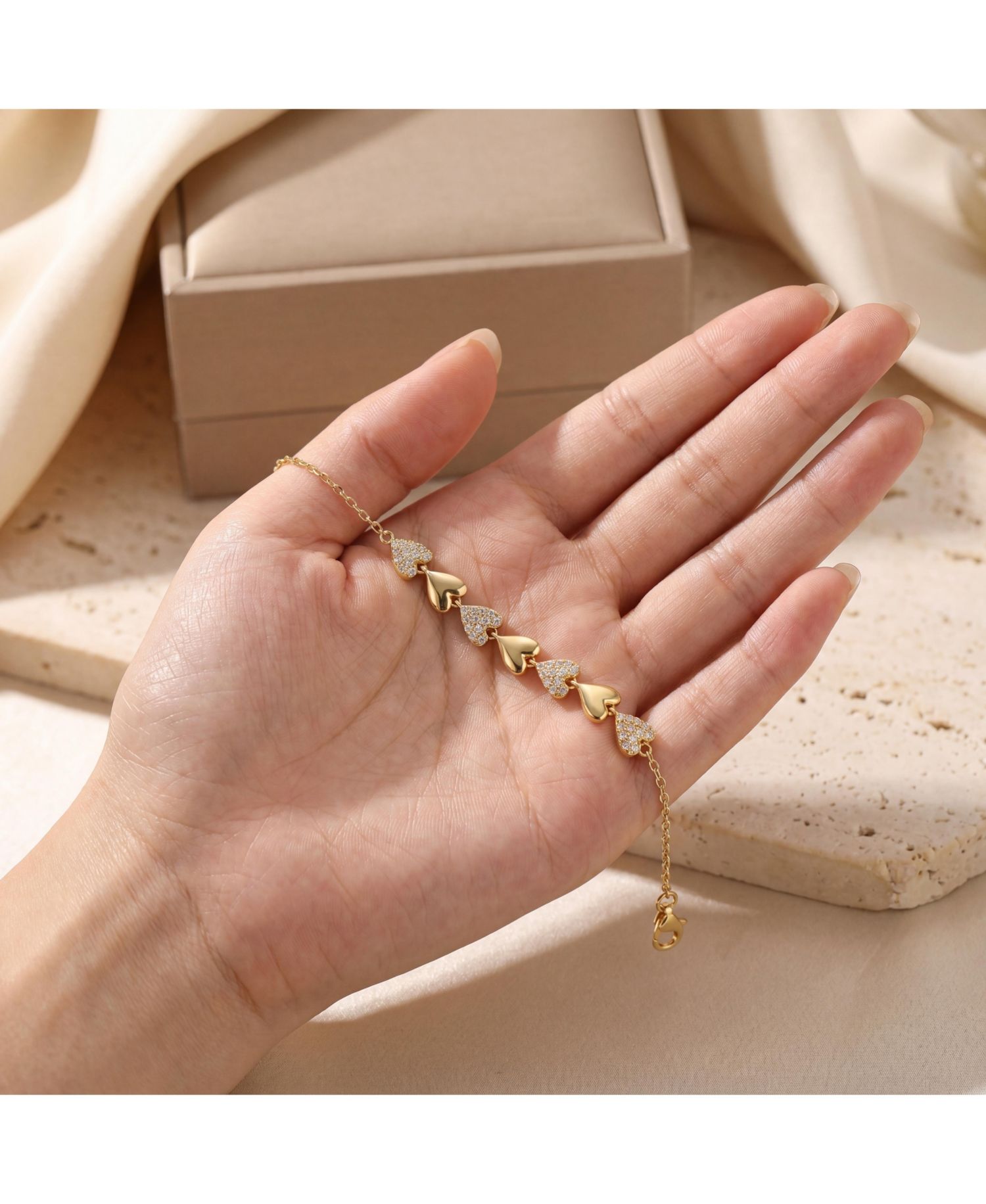 Dainty 14K Gold Plated CZ Pave Heart Stampato Thin Bracelet