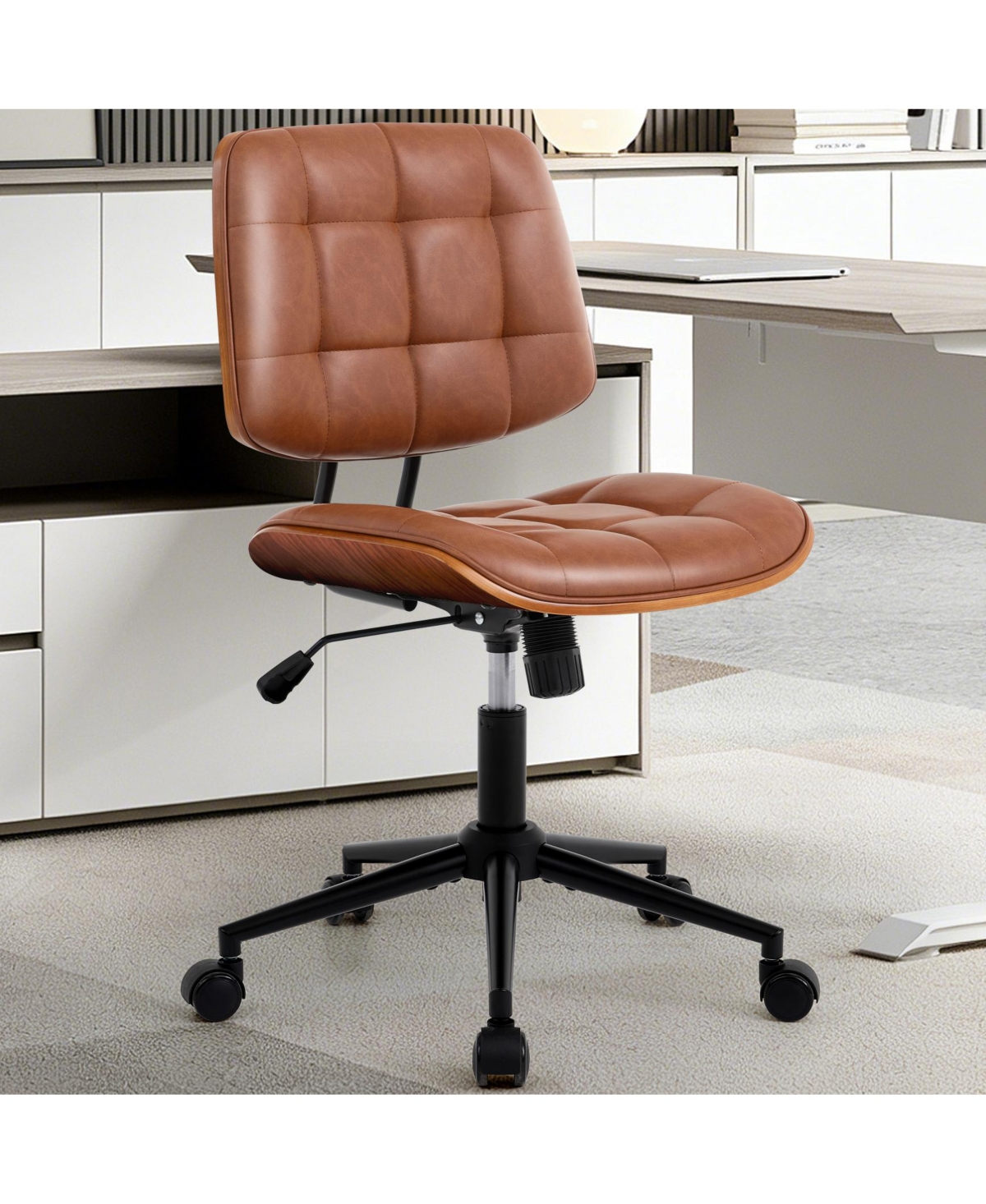 gaomon Home Office Desk Chair Armless Small Office Chair with Wheels, Modern Walnut Adjustable Back, 360 Swivel, Adjustable Seat Height - Brown