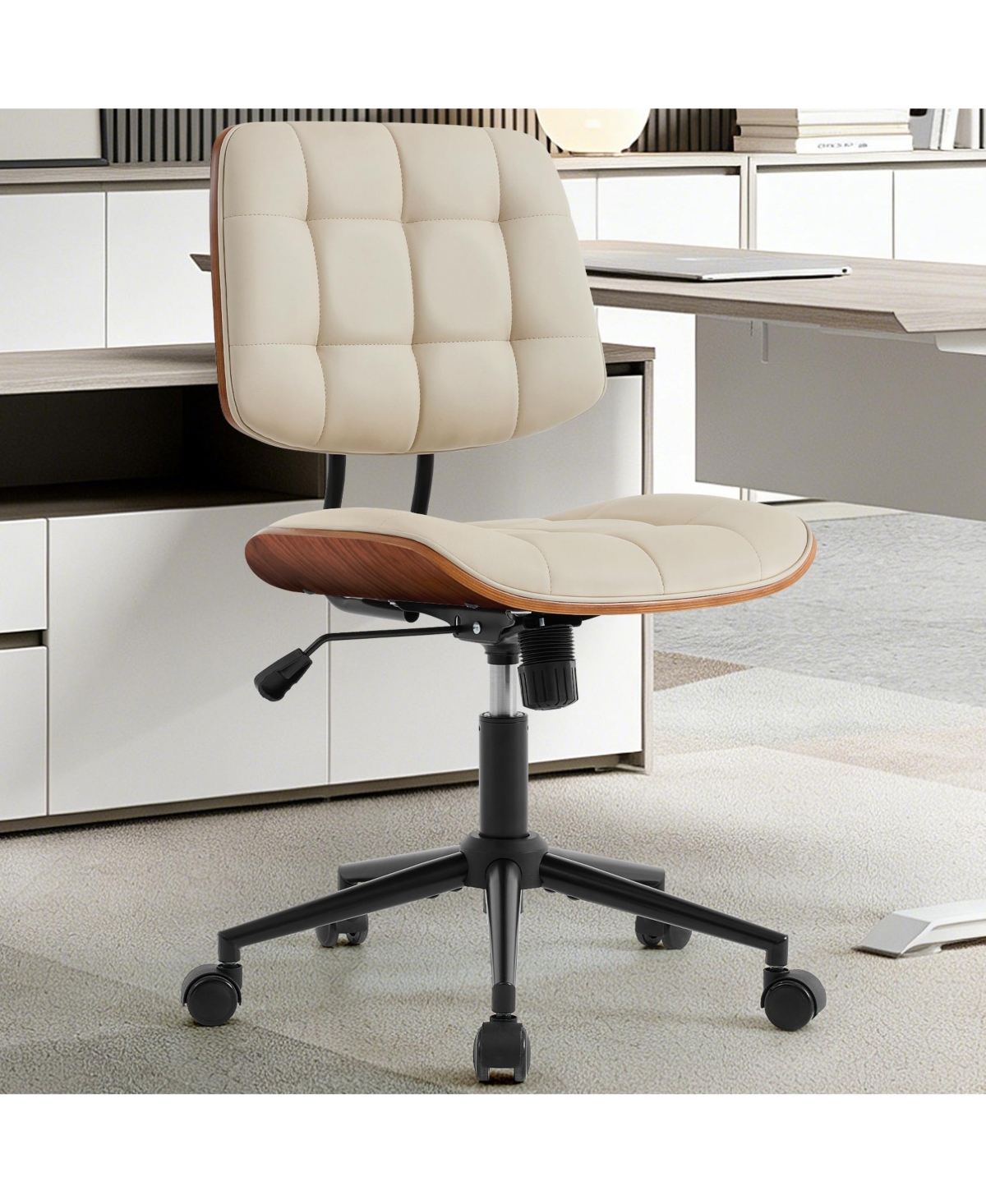 gaomon Home Office Desk Chair Armless Small Office Chair with Wheels, Modern Walnut Adjustable Back, 360 Swivel, Adjustable Seat Height - Light Beige