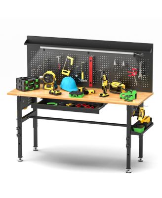 Streamdale 60" Workbench with Solid Wood Top, Drawers, Power Outlet, and LED Light