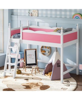  Twin Wood Loft Bed with Guardrails and Ladder