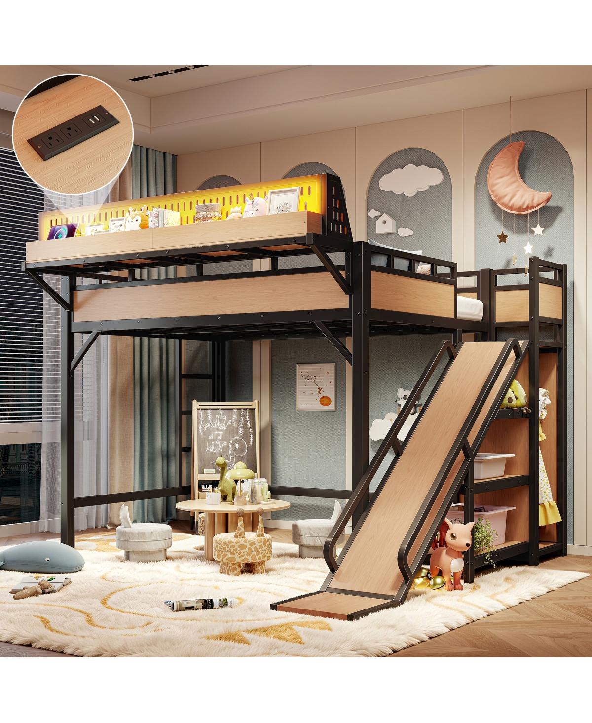 Streamdale Furniture Full Size Metal Loft Bed with Slide, Wardrobe, Usb, Led and Pegboard