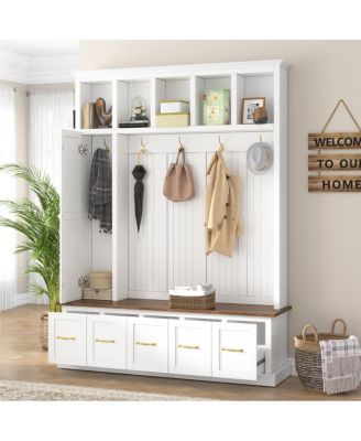 Entryway Hall Tree with Coat Hooks, Shoe Bench and Drawer Storage Cabinet
