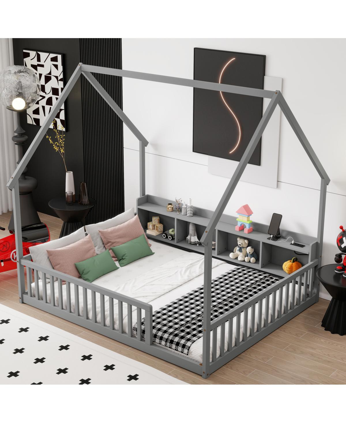 Streamdale Furniture Full House Floor Bed with Storage, Led, Charging Station and Guardrails