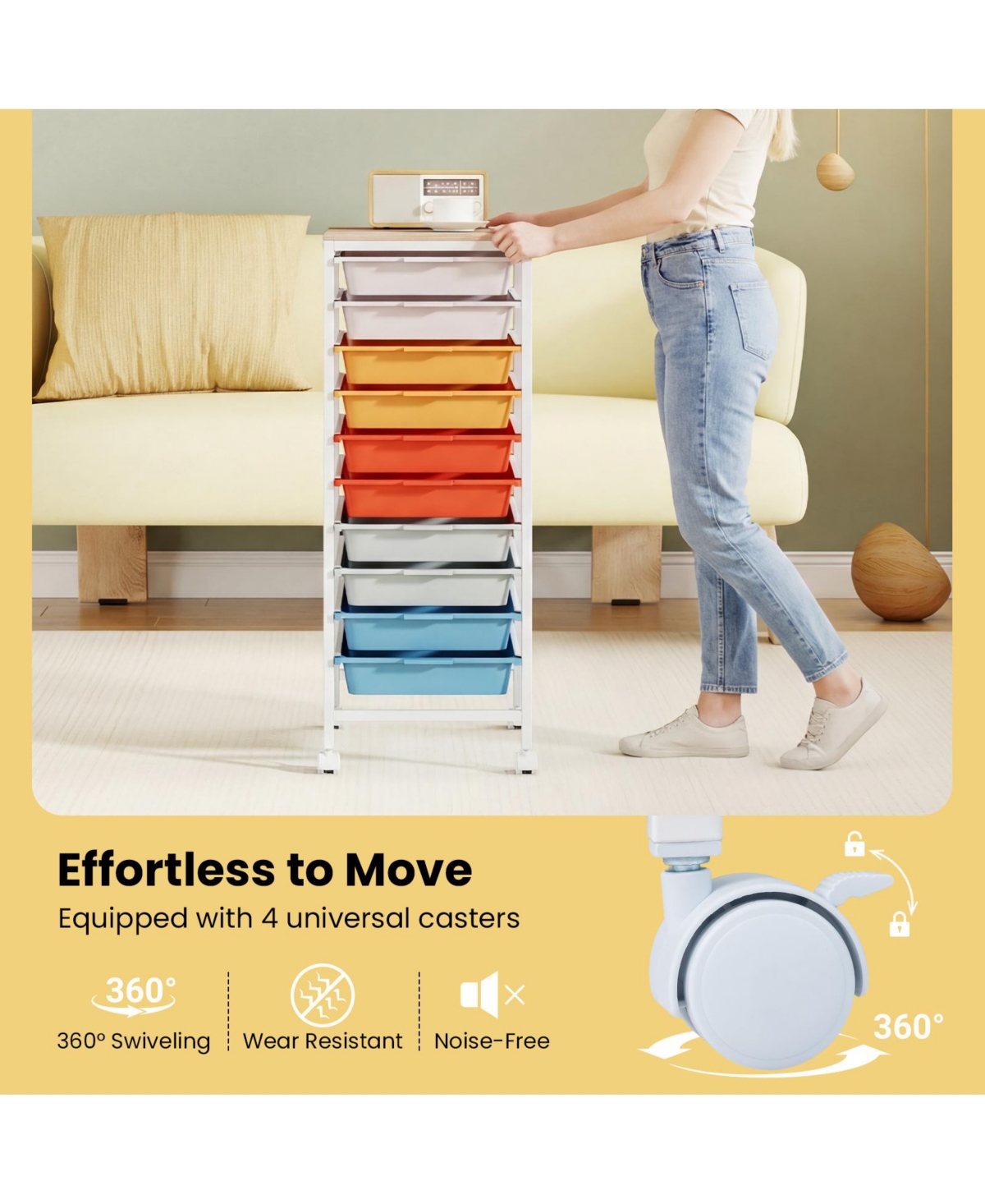 Mecale 10-Drawer Rolling Storage Cart with Wooden Tabletop