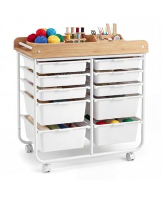 10-Drawer Rolling Cart with Raised-Edge Wooden Top