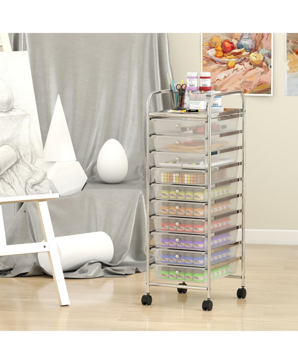Mecale Slim 10-Drawer Rolling Cart with Chrome-Plated Frame