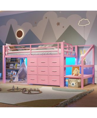  Twin Low Loft Bed with Storage Stairs, Fabric Drawers, Lights