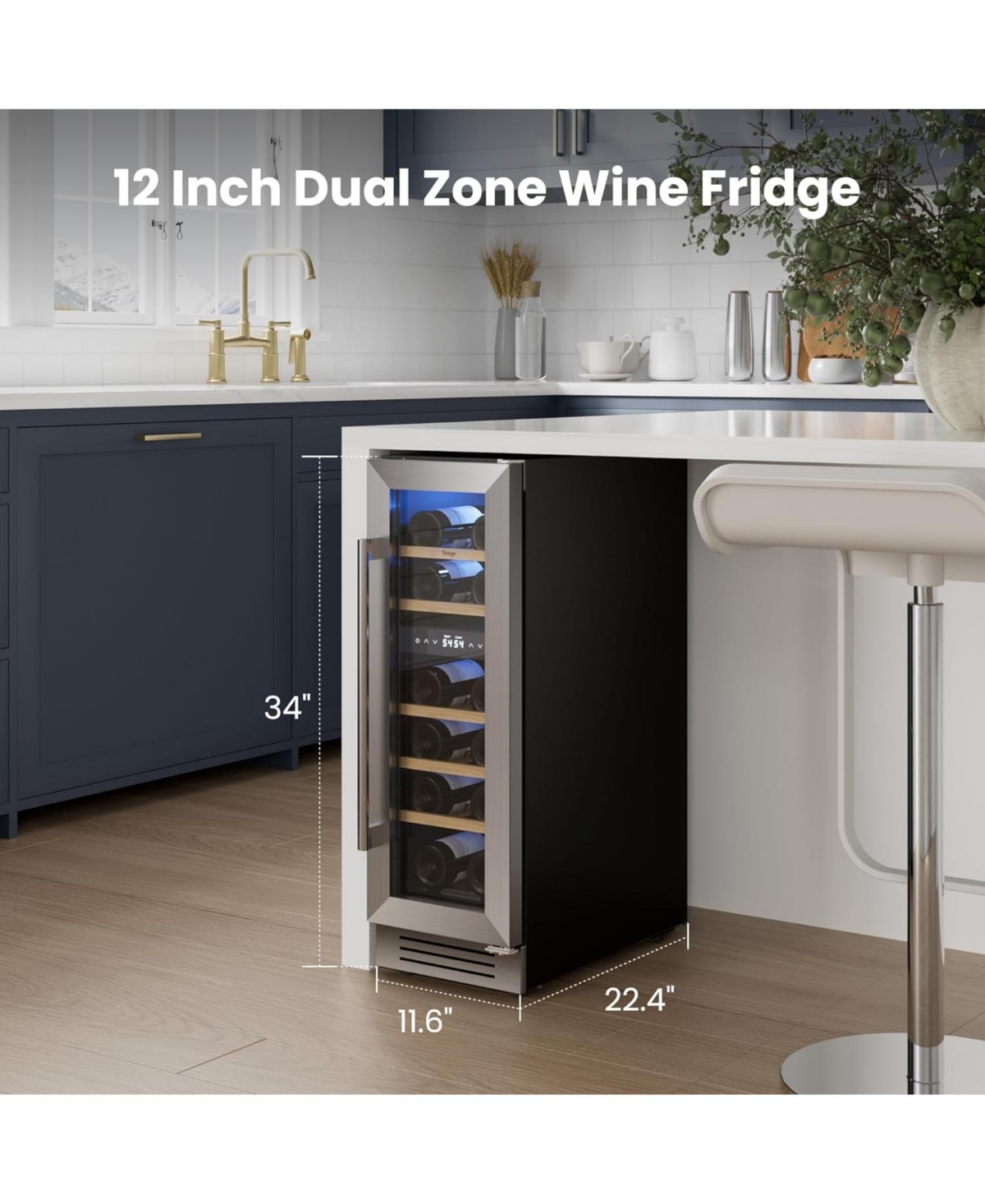 Yeego 12 Inch Wine Fridge Cooler 40degree(s)F-65degree(s)F Dual Zone 17 Bottles Right-Hinged,For White/Red Wine,Champagne With Glass Door,Lights