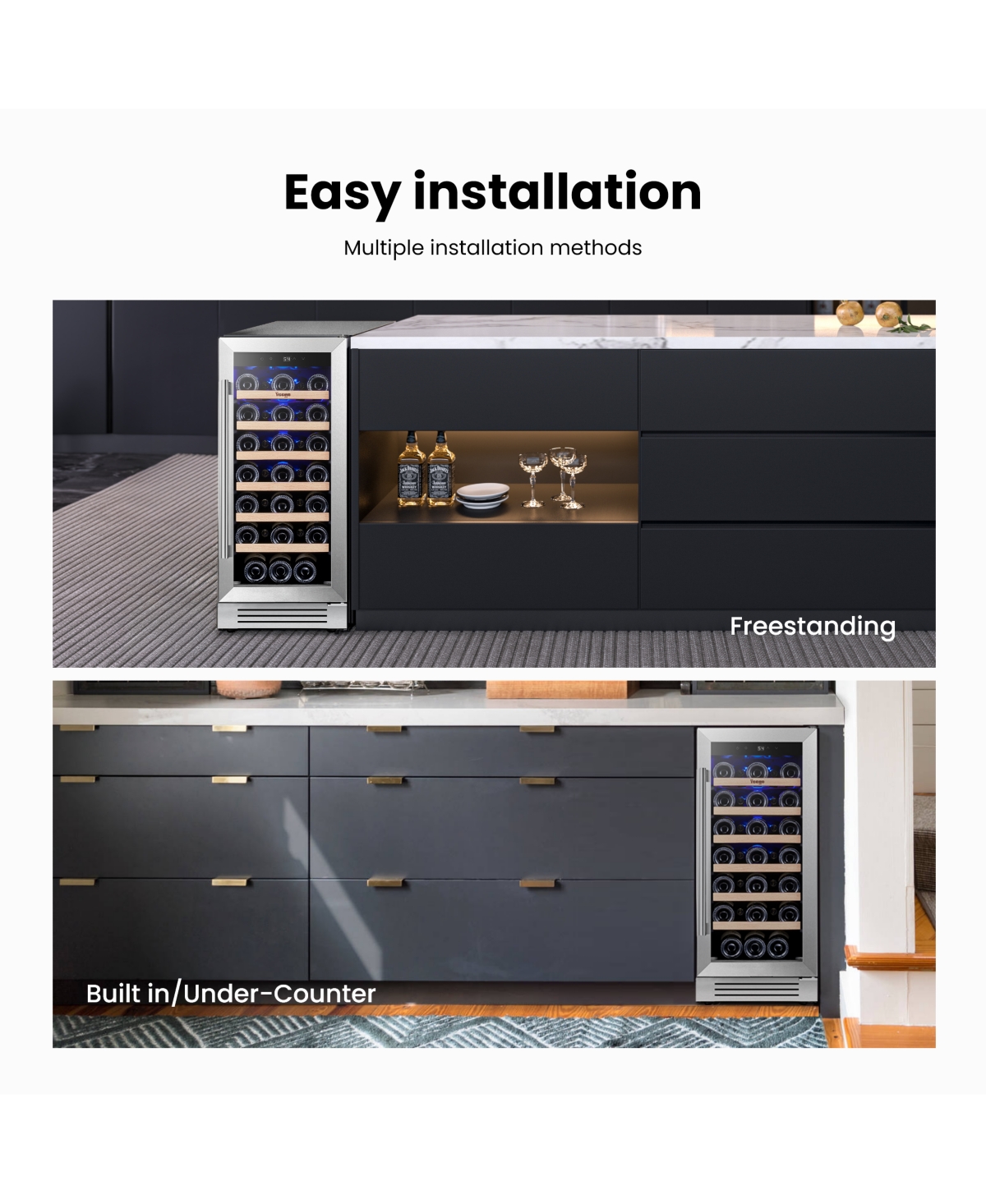 Yeego 15" Wine Cooler Single Zone Refrigerator 33 Bottles 40degree(s)F-65degree(s)F Wine Fridge, 6 Adjustable Shelves,Glass Door,Lights Home/Bar
