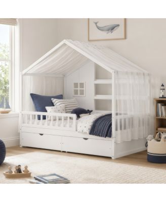  Kids Montessori Floor Bed with Roof, Guardrails and 2 Drawers
