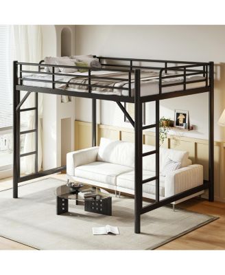 Queen Size Metal Loft Bed with Ladder and Guardrails