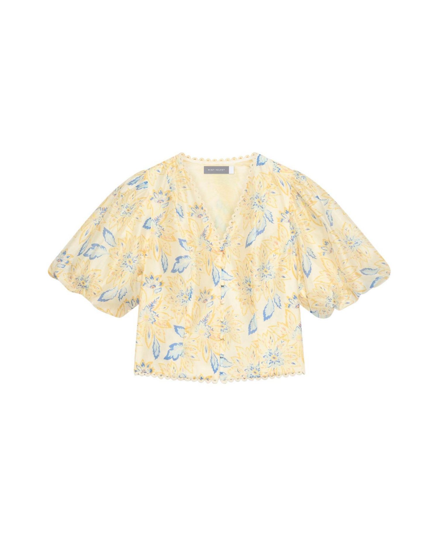 Women's Floral Puff-Sleeve Button-Front Lyocell-Blend Blouse