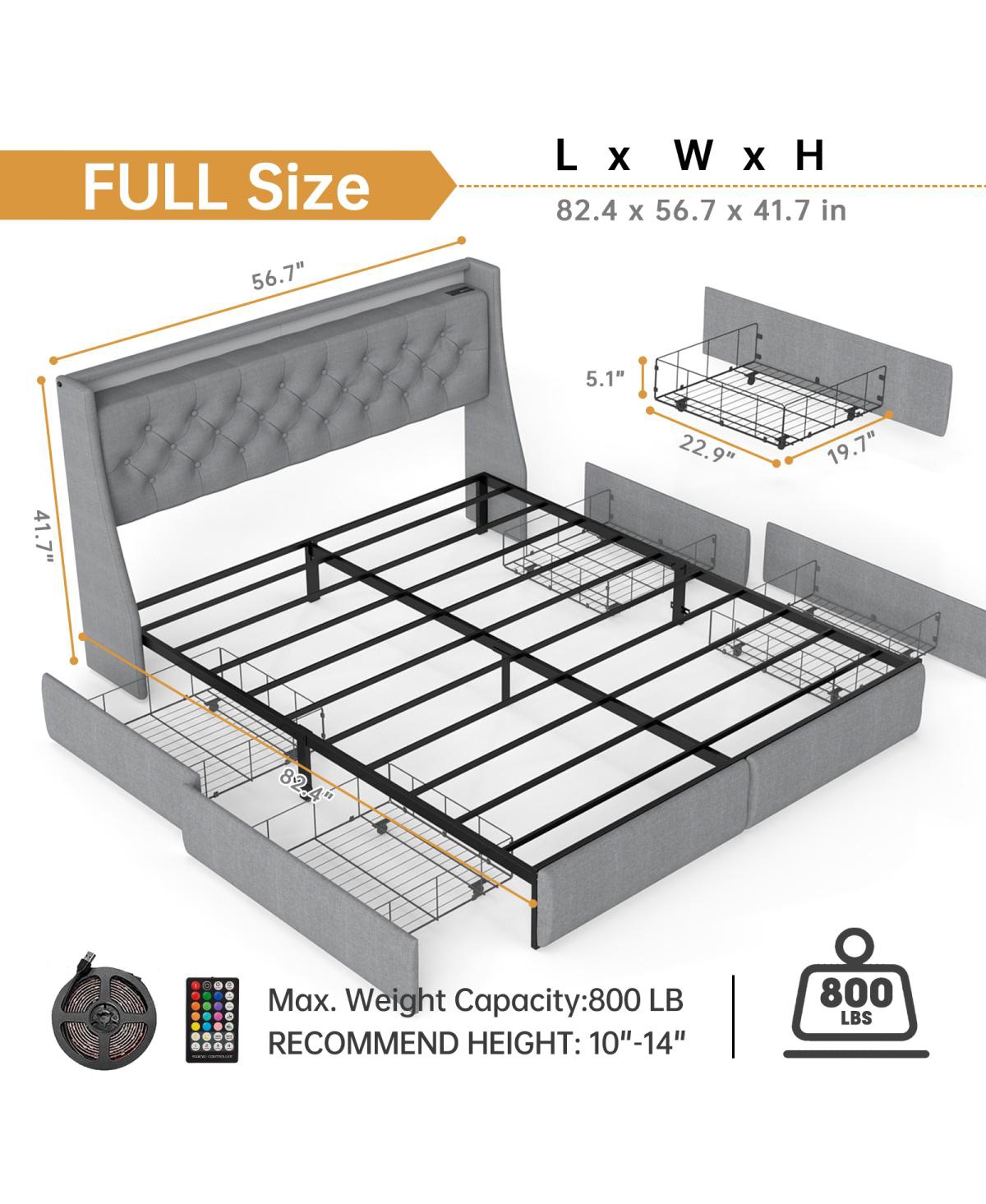 Streamdale Furniture Full Size Metal Bed Frame with Led Storage Headboard and 4 Drawers