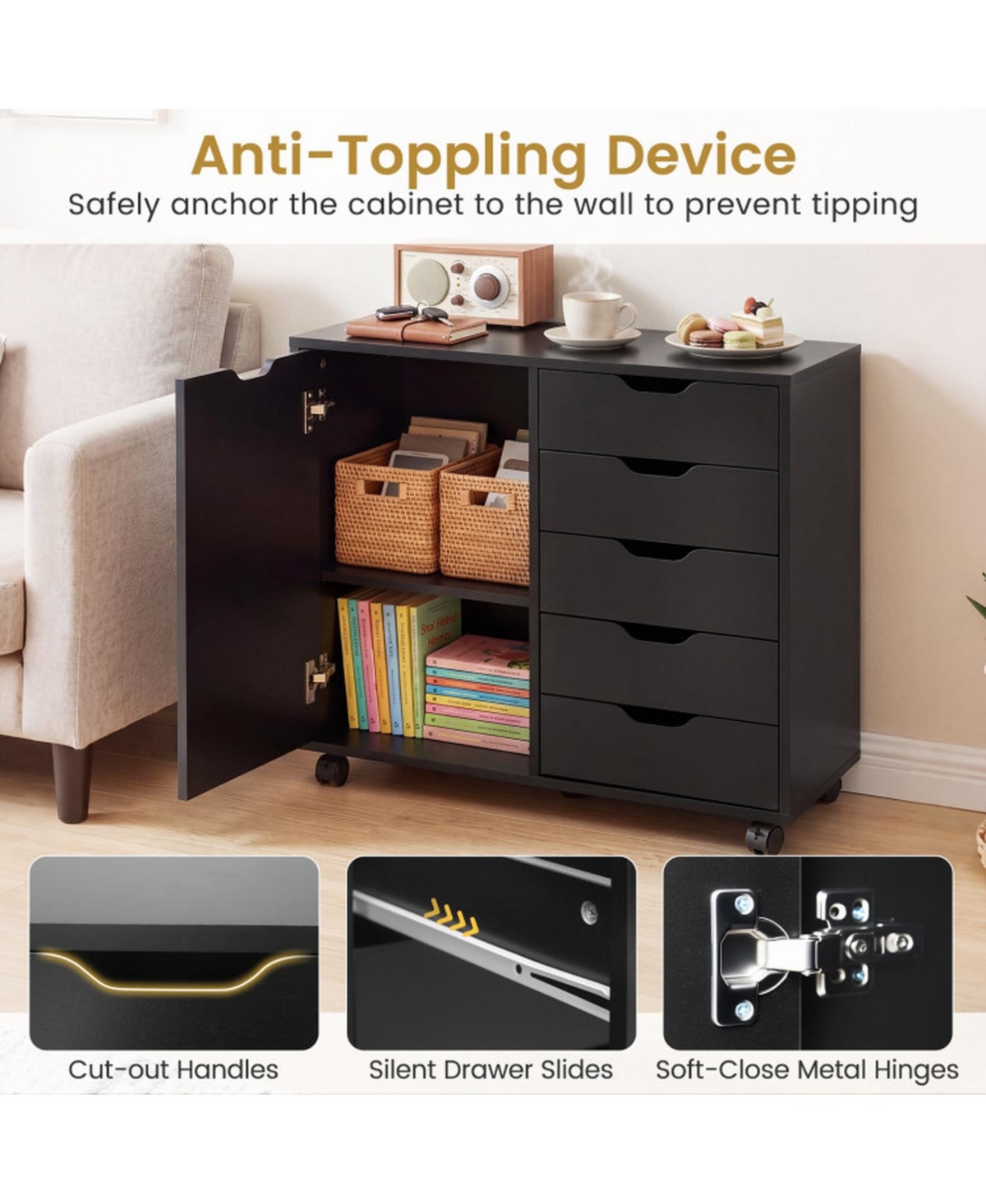Sugift 5-Drawer Mobile Storage Cabinet on Wheels with Adjustable Shelf and Door Cabinet