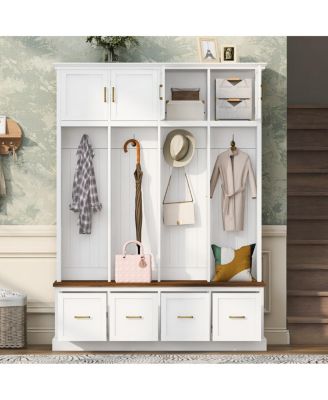 Farmhouse Entryway Hall Tree with Coat Hooks, Cabinets, and Drawers