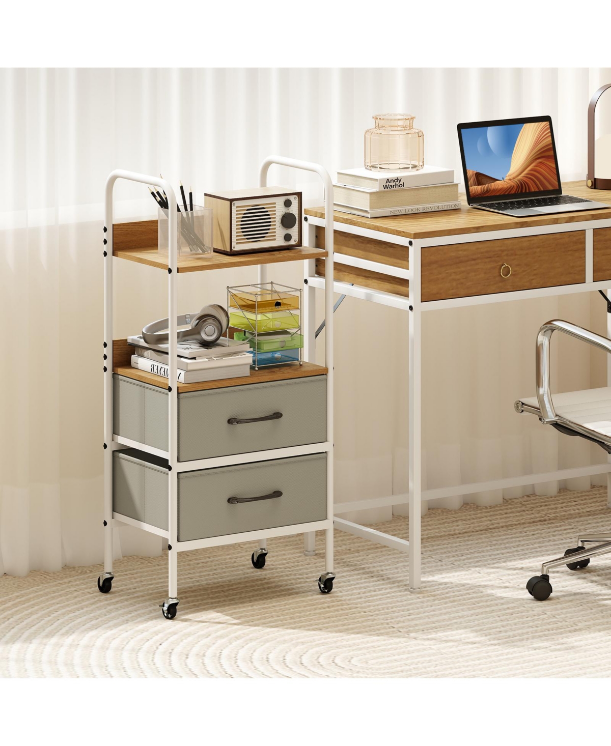 Mecale Rolling Utility Cart with Open Shelves and Fabric Drawers