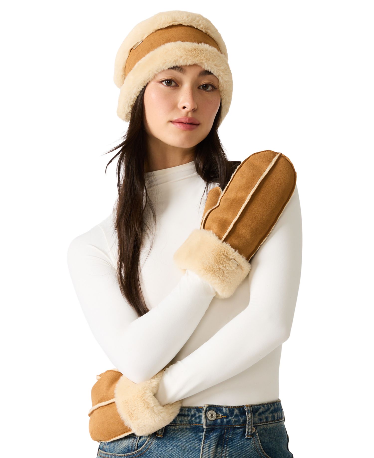 Women's Soft Tan Finish Headband and Mittens Set