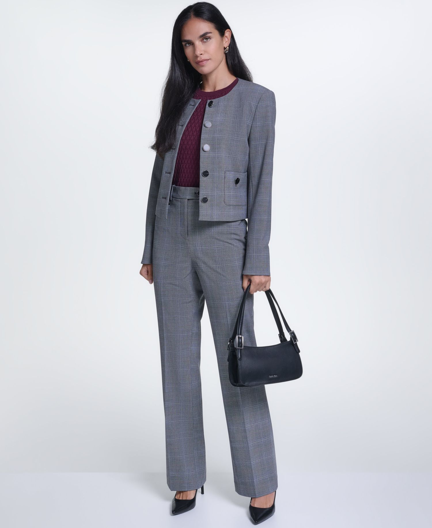 Women's Cropped Plaid Collarless Jacket