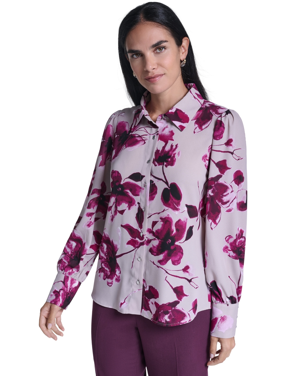 Calvin Klein Women's Lantern Sleeve Floral Point Collar Button-Down Blouse