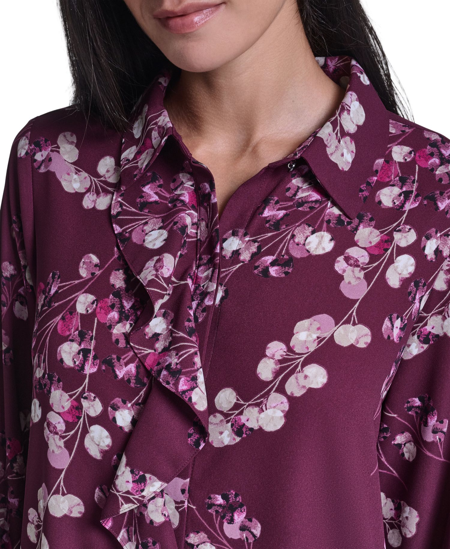 Women's Floral-Print Ruffled-Front Long-Sleeve Blouse