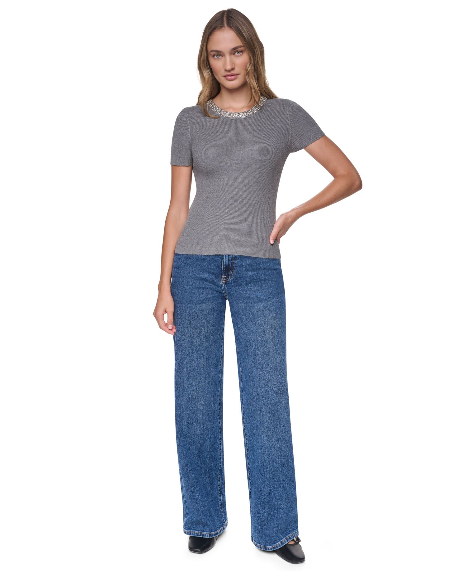 Women's Embellished Ribbed-Knit Short-Sleeve Crewneck Sweater