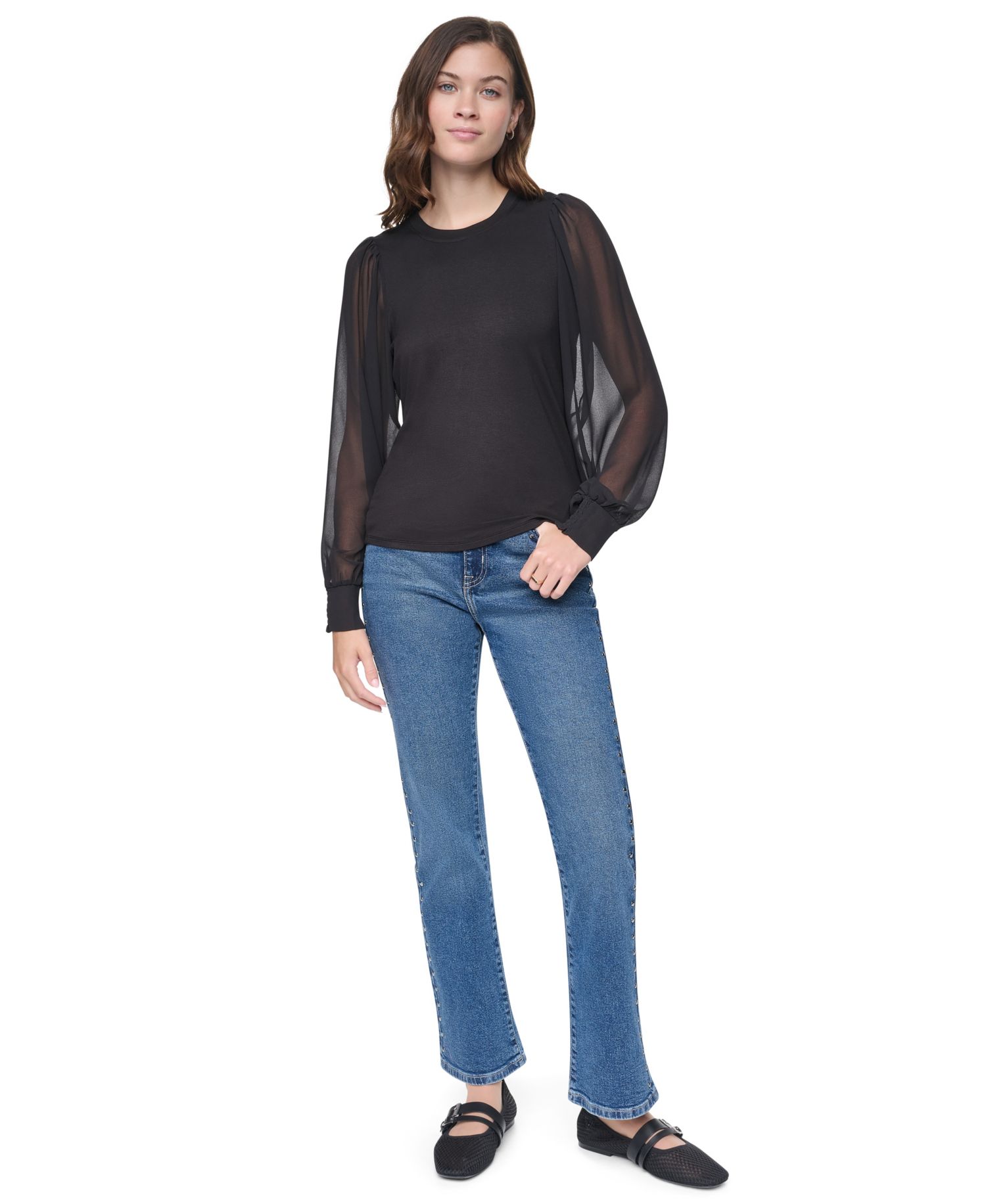 Women's Mixed-Media Long-Sleeve Crewneck Blouse