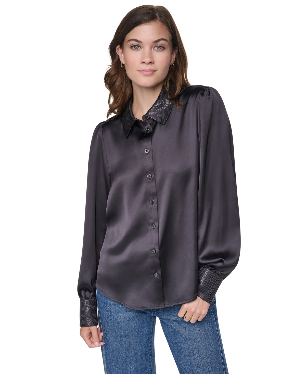 Dkny Jeans Women's Puff-Sleeve Sequin-Trim Henley Blouse - Phantom