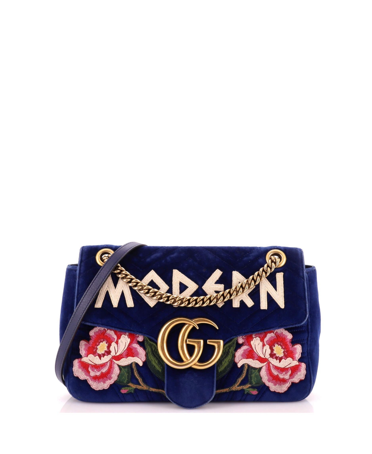 Pre-Owned Gucci Medium Gg Marmont Flap Bag Embroidered Matelasse Velvet - Blue