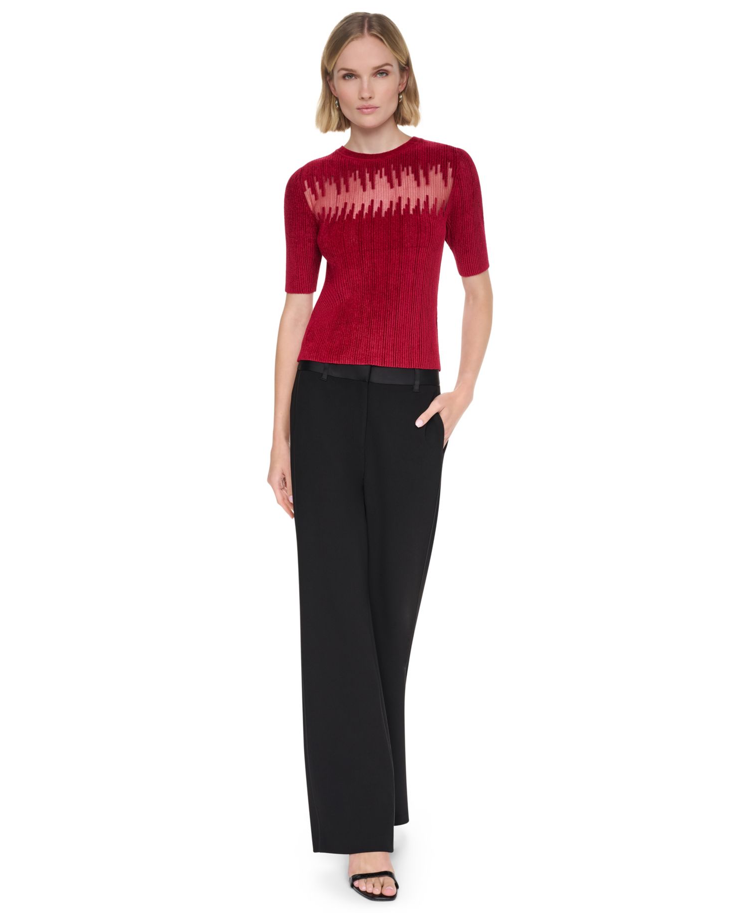 Petite Crewneck Short-Sleeve Ribbed Sweater