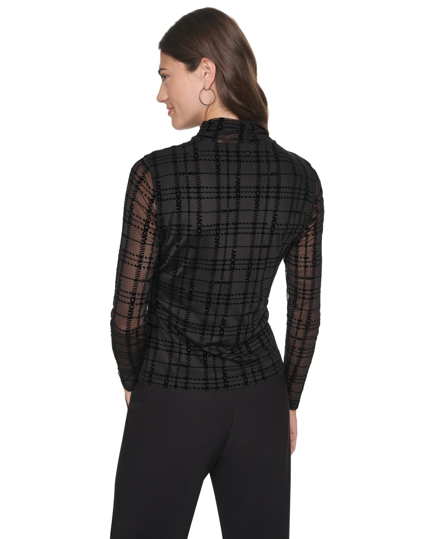 Женский топ DKNY Petite Mock Neck Long-Sleeve Flocked-Mesh Knit Top, цвет: Чёрный — фото 7