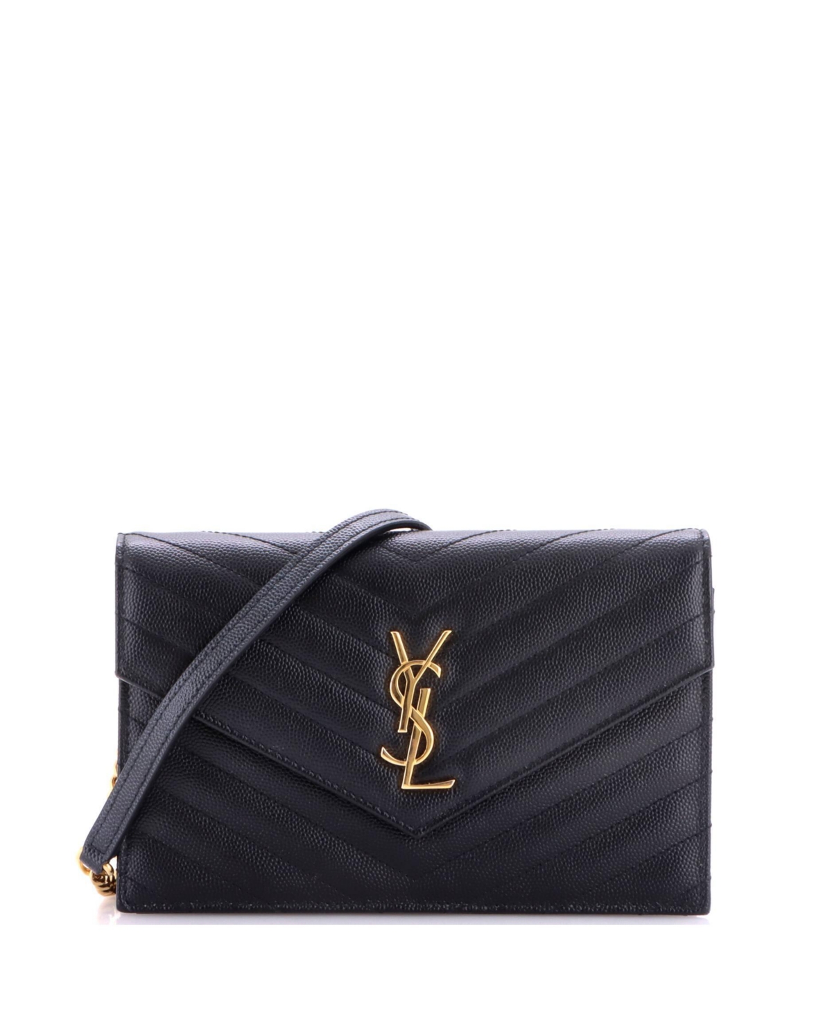 Pre-Owned Saint Laurent Small Classic Monogram Wallet on Chain Matelasse Chevron Leather - Black