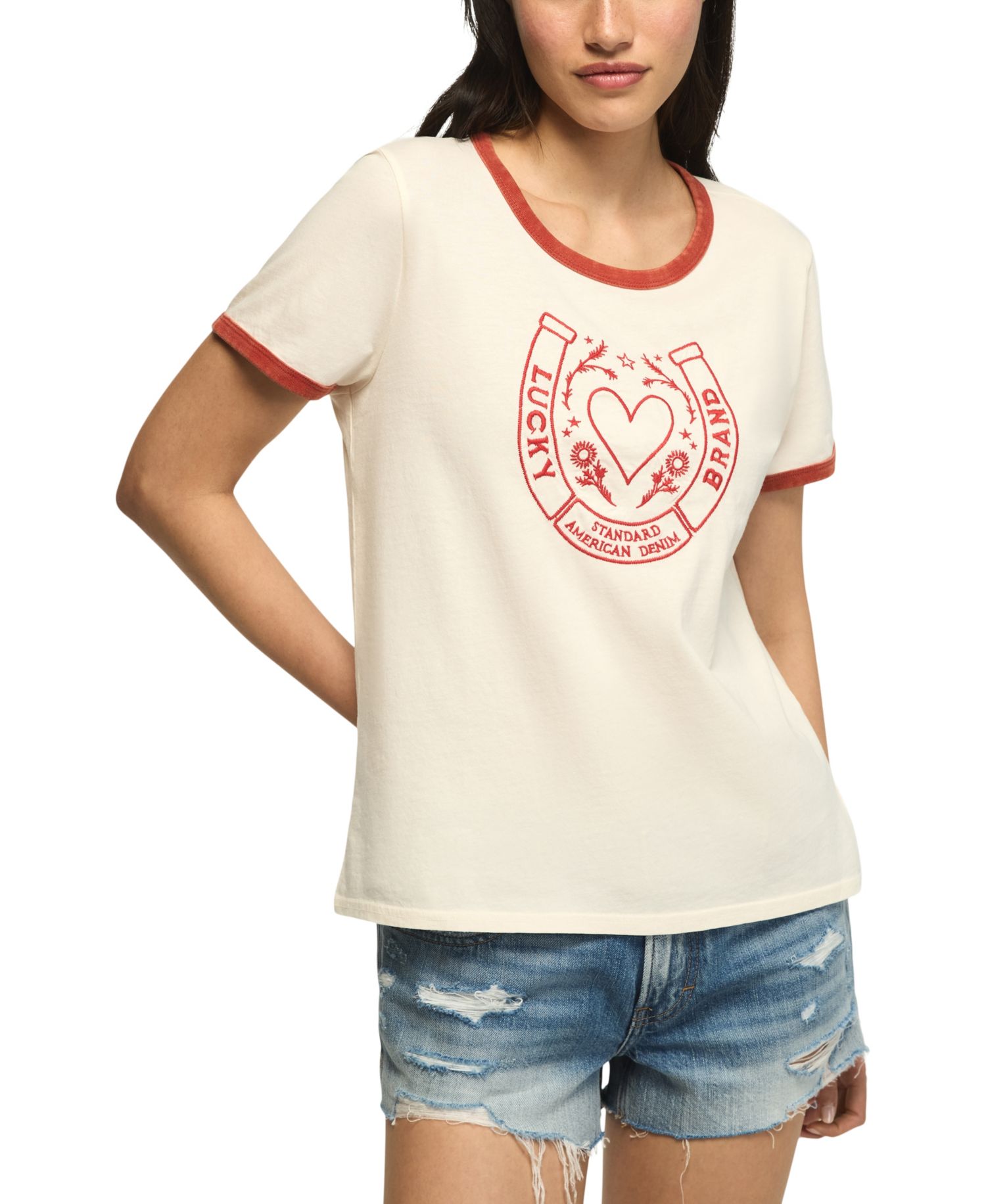 Women's Lucky Horseshoe Retro Graphic Ringer T-Shirt