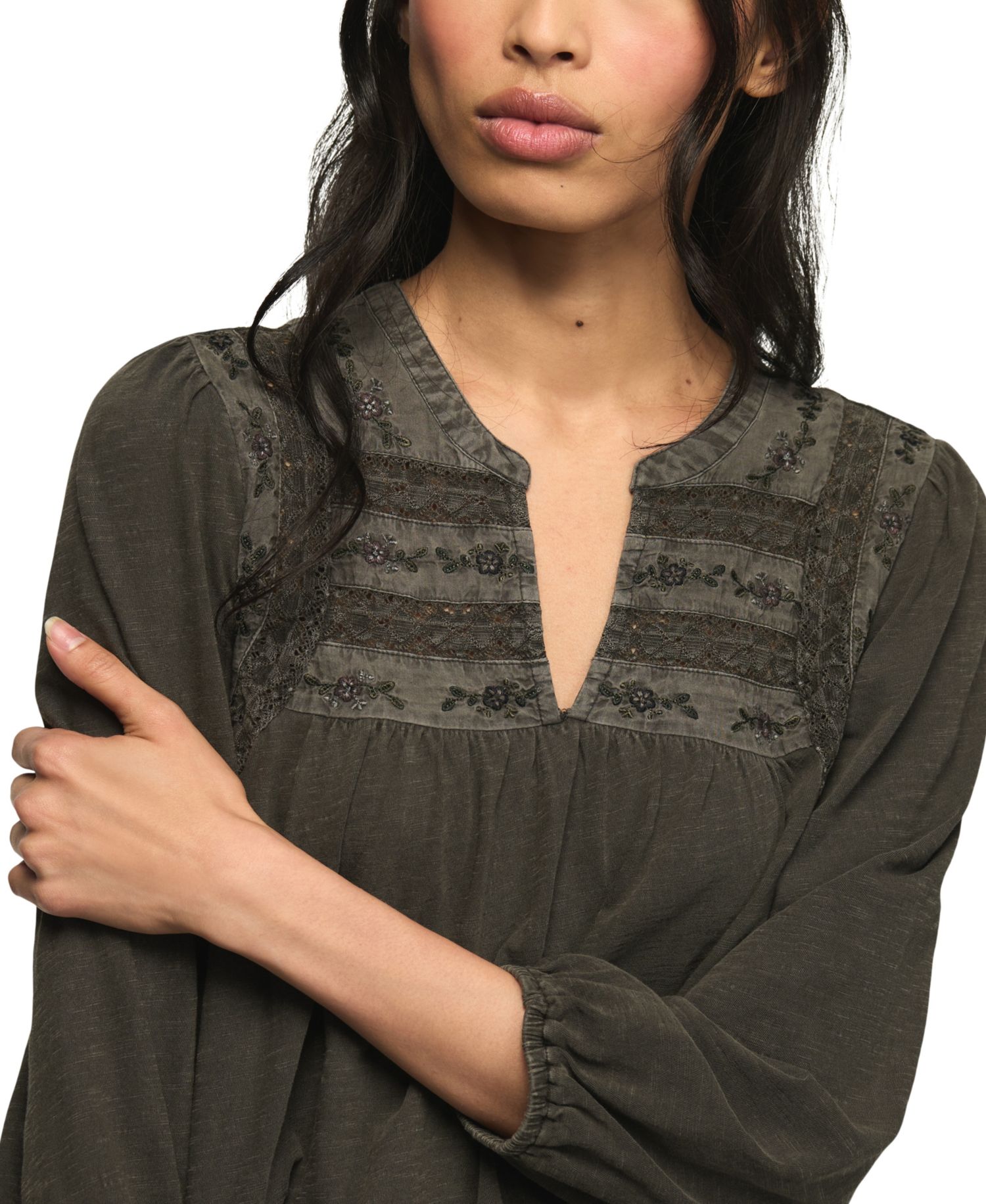 Women's Trim Mix Knit Lace-Trim Embroidered Peasant Top