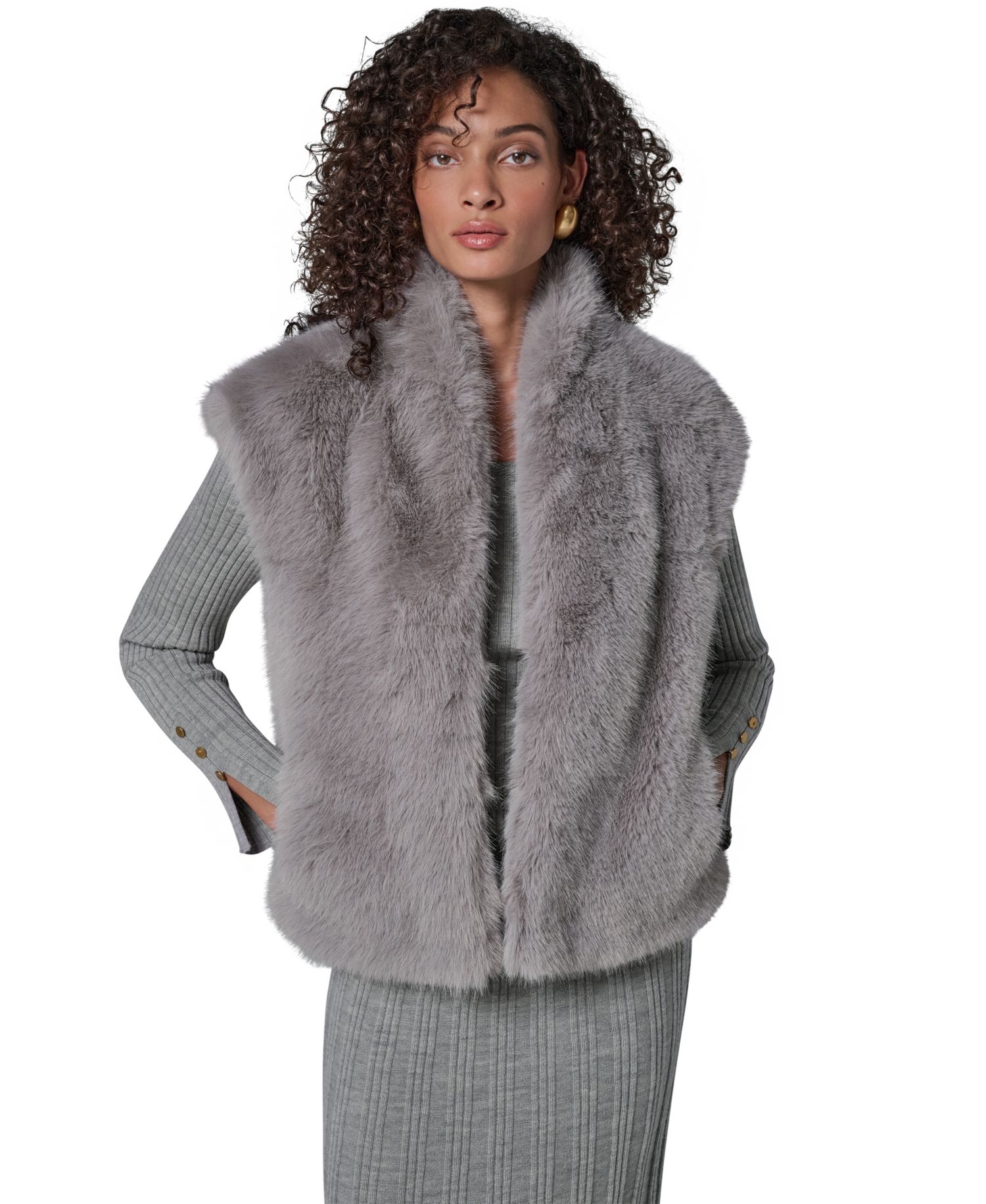 Petite Faux Fur Sleeveless Collared Vest