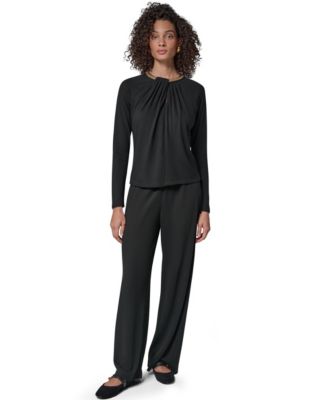 Women's Necklace Detail Long-Raglan Sleeves Keyhole Cutout Pullover Sweater & Wide-Leg Flat Front Pull-On Pants