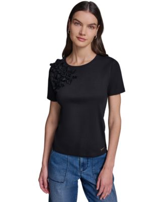 Women's Floral Applique Short-Sleeve Rib Knit Top